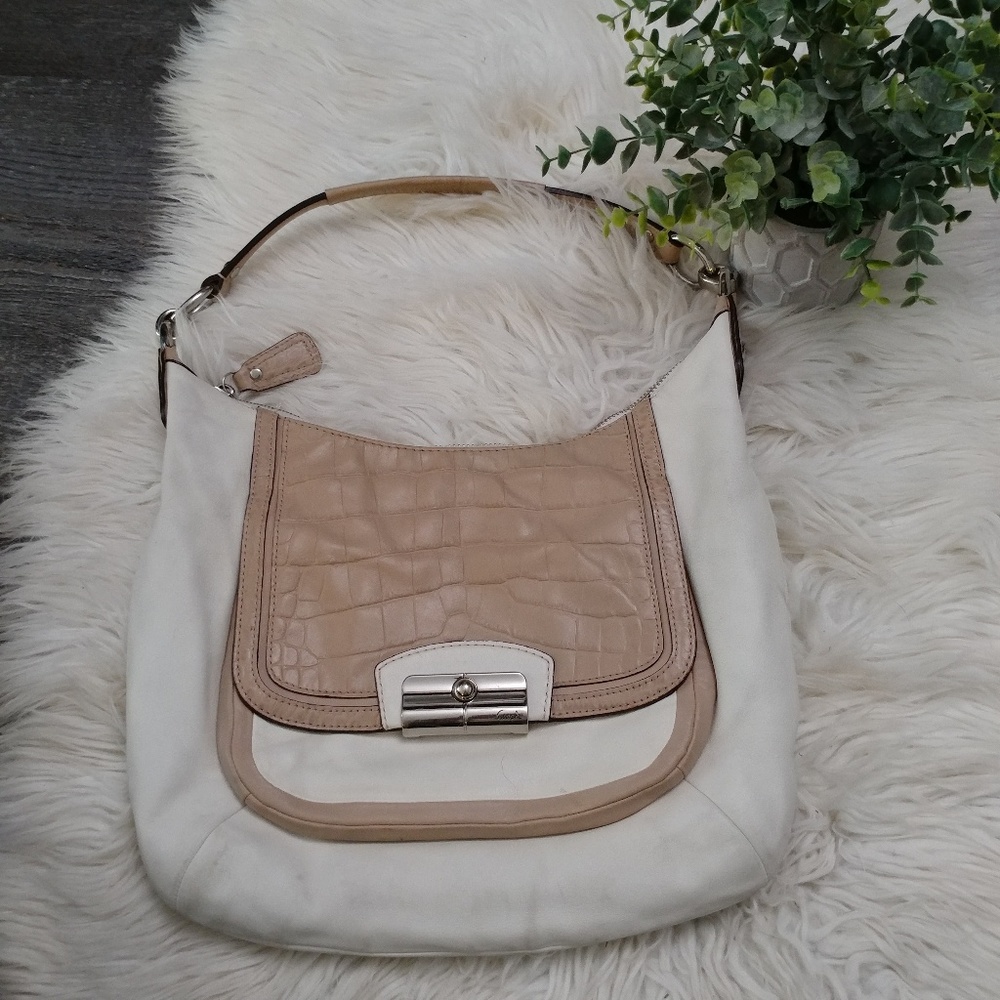 White Leather Coach Hobo Bag with Tan emboss croc